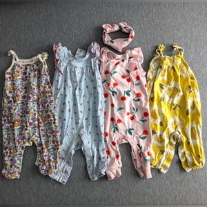 Lot of 4 sleeveless rompers/jumpsuits from Carter's, Cat & Jack, and Old Navy